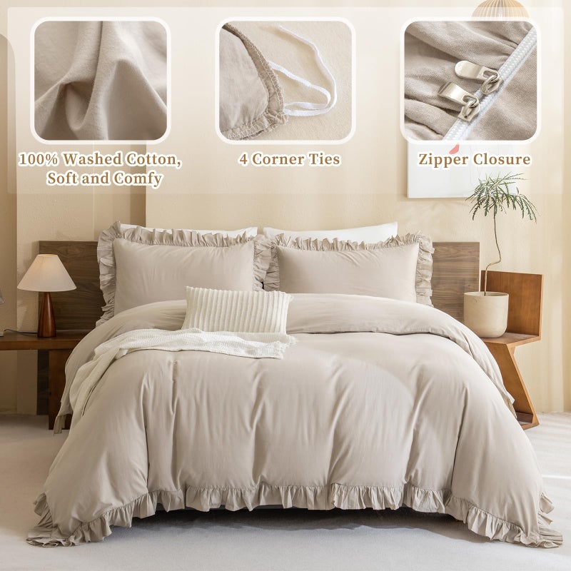 QSH Washed Cotton Queen Duvet Cover Set Ruffle Duvet Cover Linen Textured Farmhouse Shabby Vintage Chic Bedding Comforter Cover 3 PCs Aesthetic French Country Queen Bed Set - Image 2