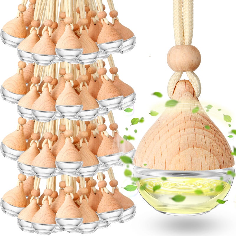 Rtteri 100 Pcs Hanging Car Air Freshener Diffuser Bottles Empty Glass Perfume Diffuser Vials Refillable Oil Aromatherapy Pendant with Wooden Caps and Hanging String for Car Home Office Decor(Drop) - Image 1