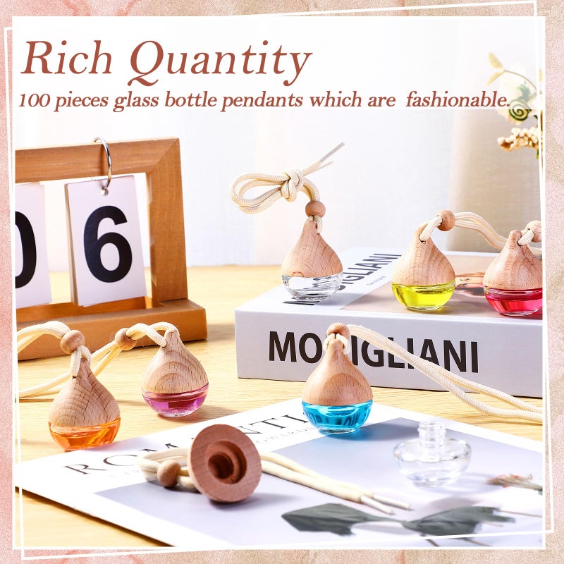 Rtteri 100 Pcs Hanging Car Air Freshener Diffuser Bottles Empty Glass Perfume Diffuser Vials Refillable Oil Aromatherapy Pendant with Wooden Caps and Hanging String for Car Home Office Decor(Drop) - Image 5