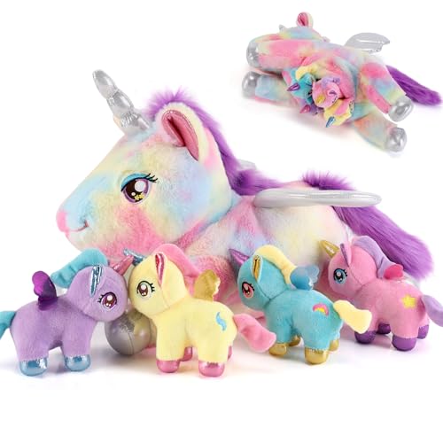 gnomantic 5 Pieces Unicorn Stuffed Animals 1 Mommy Stuffed Unicorn with 4 Babies Unicorns Gifts for Girls Ages 38 Unicorns Plush Toys for Christmas Valentines Birthday Gifts Rainbow - Image 1