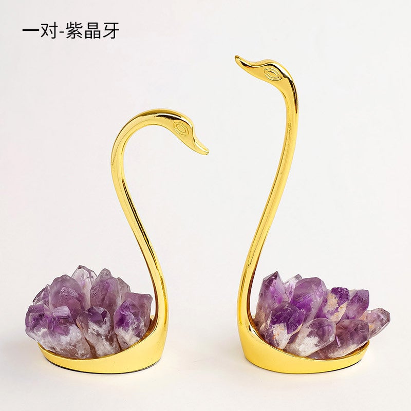 Runyangshi Natural Crystal Swan Ornament with Electroplated Black Tourmaline, Blue Feathers, and Purple-Yellow Quartz - Perfect Wedding Gift - Image 1