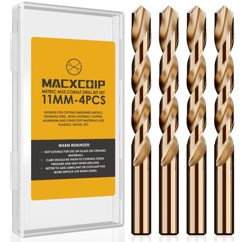 MACXCOIP Metric 4Pcs M35 Cobalt Drill Bit Set 11mm HSS Cobalt Jobber Drill Bits for Hardened Metals Stainless Steel Cast Iron and Wooden Plastics