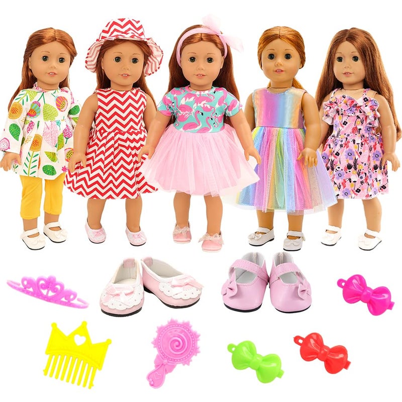 BARWA 18 inch Doll Clothes and Accessories 5 Sets Clothes Dress Outfits with 2 Pairs Shoes for 18 Inch Dolls - Image 1