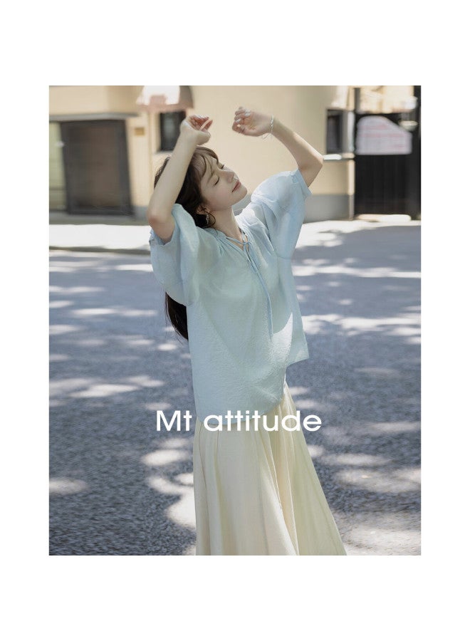 Mt Fresh Avocado Summer Korean Style Loose And Lightweight Shirt With Small Stand-Up Collar - Image 2