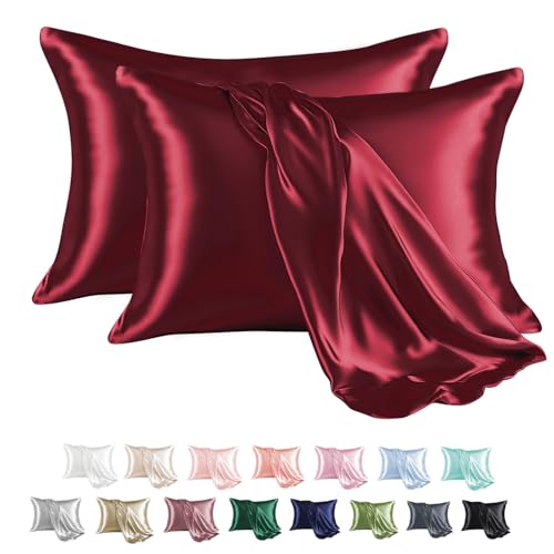 MR&HM Satin Pillowcase for Hair and Skin, Silk Satin Pillowcase 2 Pack, Standard Size Pillow Cases Set of 2, Silky Pillow Cover with Envelope Closure (20x26, Burgundy) - Image 1