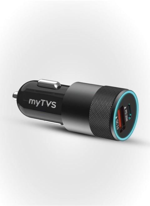 myTVS 38W Fast Car Charger Adapter with Dual Output (Type C PD 20W & USB Qualcomm 3.0) with 3-in-1 Charging Cable, Quick Charge, Short-Circuit Protection, LED, Compatible with iPhone, Android, Tablet