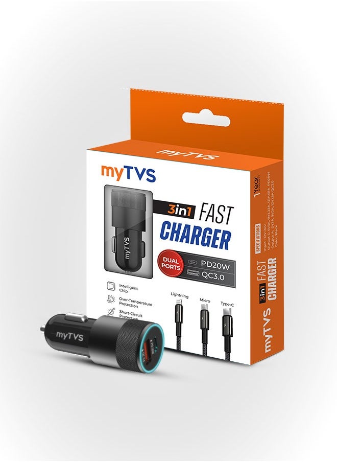 myTVS - myTVS 38W Fast Car Charger Adapter with Dual Output (Type C PD 20W & USB Qualcomm 3.0) with 3-in-1 Charging Cable, Quick Charge, Short-Circuit Protection, LED, Compatible with iPhone, Android, Tablet - Image 1