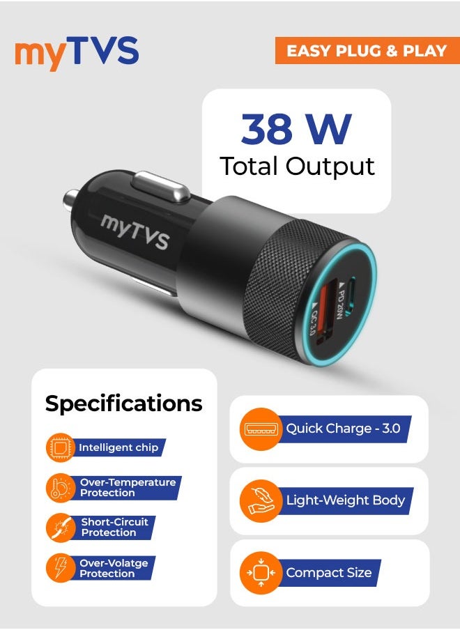 myTVS - myTVS 38W Fast Car Charger Adapter with Dual Output (Type C PD 20W & USB Qualcomm 3.0) with 3-in-1 Charging Cable, Quick Charge, Short-Circuit Protection, LED, Compatible with iPhone, Android, Tablet - Image 1