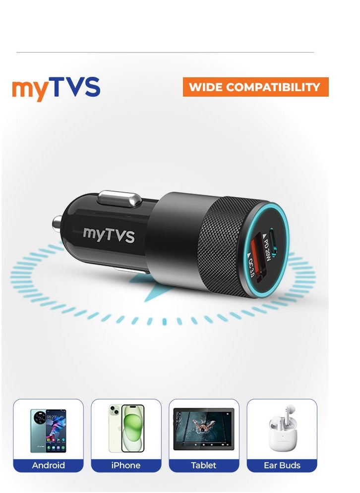 myTVS - myTVS 38W Fast Car Charger Adapter with Dual Output (Type C PD 20W & USB Qualcomm 3.0) with 3-in-1 Charging Cable, Quick Charge, Short-Circuit Protection, LED, Compatible with iPhone, Android, Tablet - Image 1
