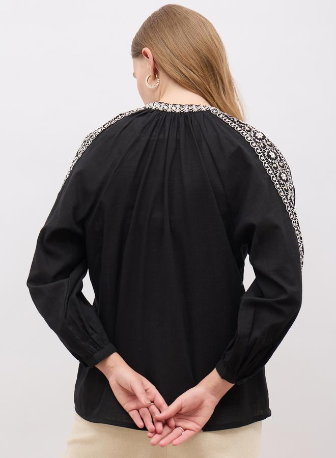 Styli Embroidered Balloon Sleeve Tie-Up Neck Top  - Image 5