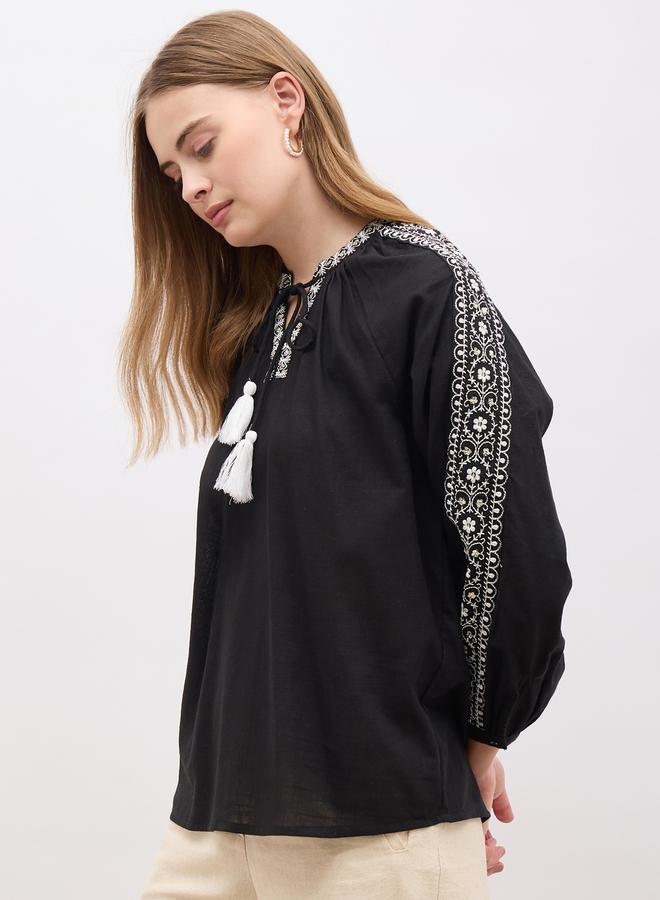 Styli Embroidered Balloon Sleeve Tie-Up Neck Top  - Image 3