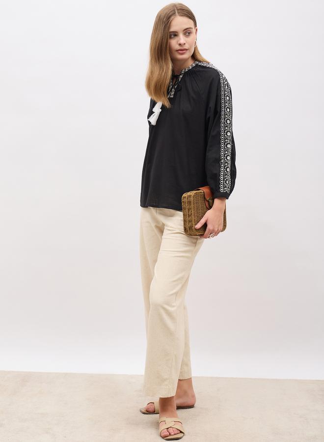 Styli Embroidered Balloon Sleeve Tie-Up Neck Top  - Image 1