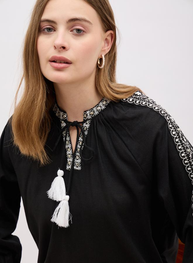 Styli Embroidered Balloon Sleeve Tie-Up Neck Top  - Image 4