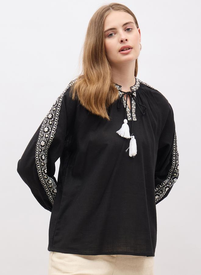 Styli Embroidered Balloon Sleeve Tie-Up Neck Top  - Image 2