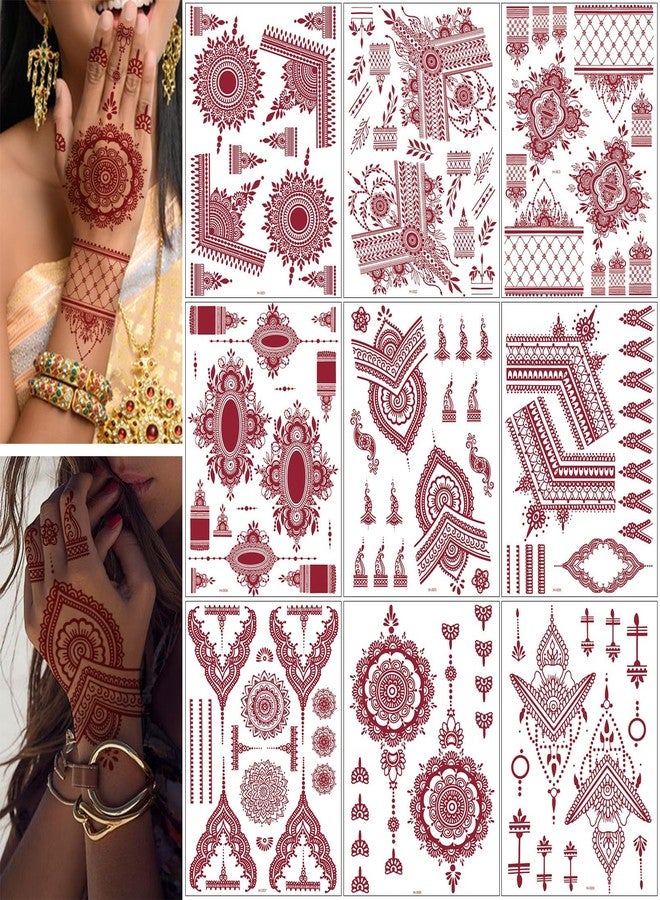 BULEFSEA 9 Sheets Brown Henna Tattoos Kit for Women Girls, Waterproof Fake Tattoos Kits, Lotus Mandala Flower Temporary Tattoos Neck Chest Arm - Image 1
