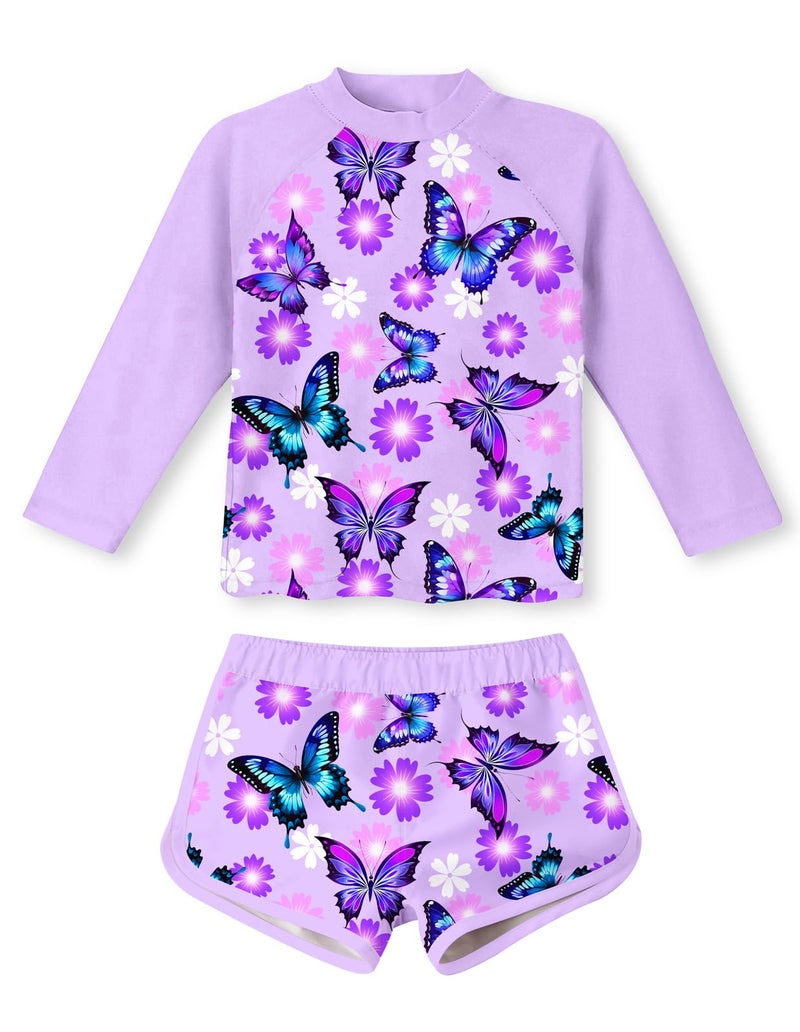 TUONROAD Girls Rash Guard 2-Piece Swimsuit Size 4 5 Purple Butterflyss Pattern Bathing Suits for Girls Summer UPF 50+ Sun Protective Long Sleeve Kids Surfing Beachwear Sets - Image 1