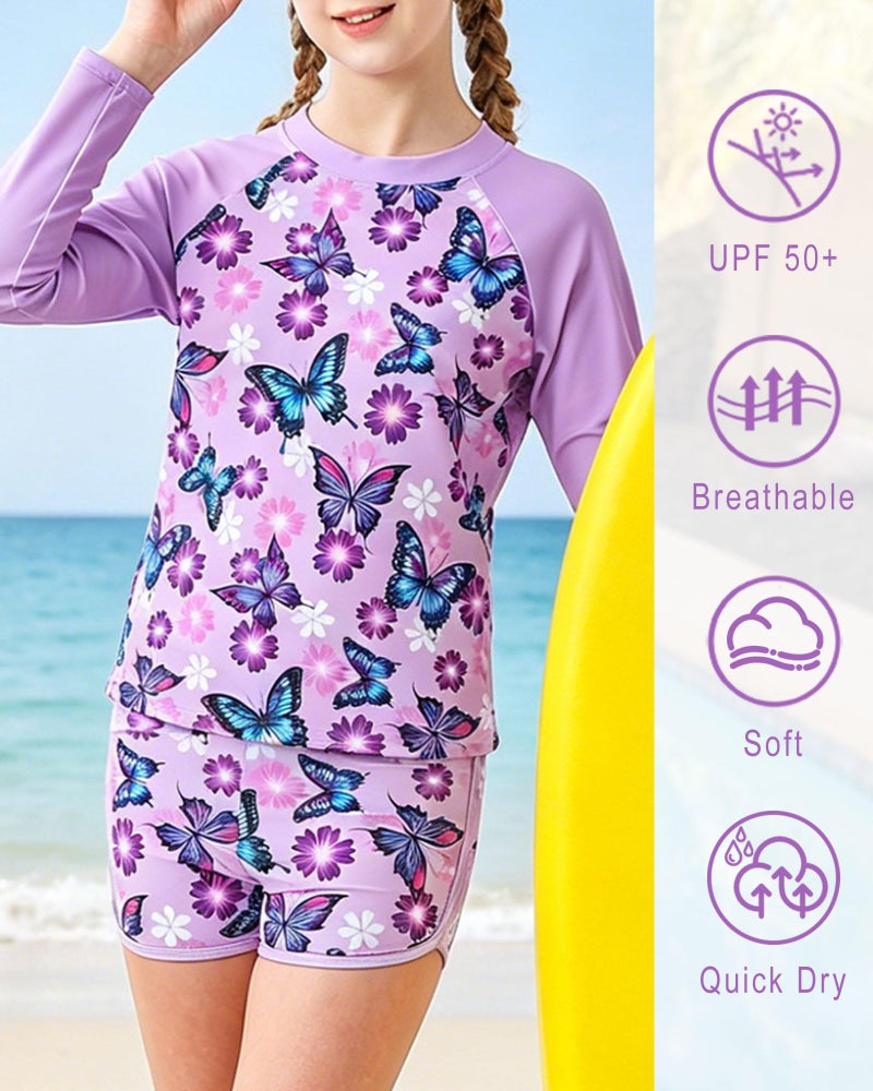 TUONROAD Girls Rash Guard 2-Piece Swimsuit Size 4 5 Purple Butterflyss Pattern Bathing Suits for Girls Summer UPF 50+ Sun Protective Long Sleeve Kids Surfing Beachwear Sets - Image 5