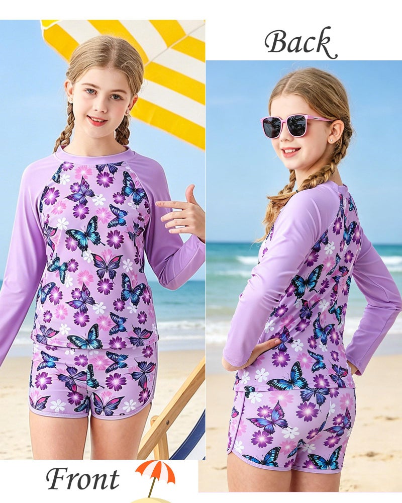 TUONROAD Girls Rash Guard 2-Piece Swimsuit Size 4 5 Purple Butterflyss Pattern Bathing Suits for Girls Summer UPF 50+ Sun Protective Long Sleeve Kids Surfing Beachwear Sets - Image 4