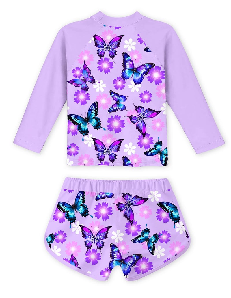 TUONROAD Girls Rash Guard 2-Piece Swimsuit Size 4 5 Purple Butterflyss Pattern Bathing Suits for Girls Summer UPF 50+ Sun Protective Long Sleeve Kids Surfing Beachwear Sets - Image 3