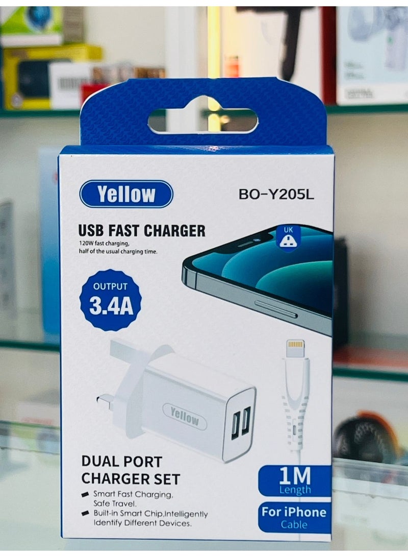 Yellow BO-Y205L 120W Dual Port USB Fast Charger with 1M Lightning Cable - Image 1