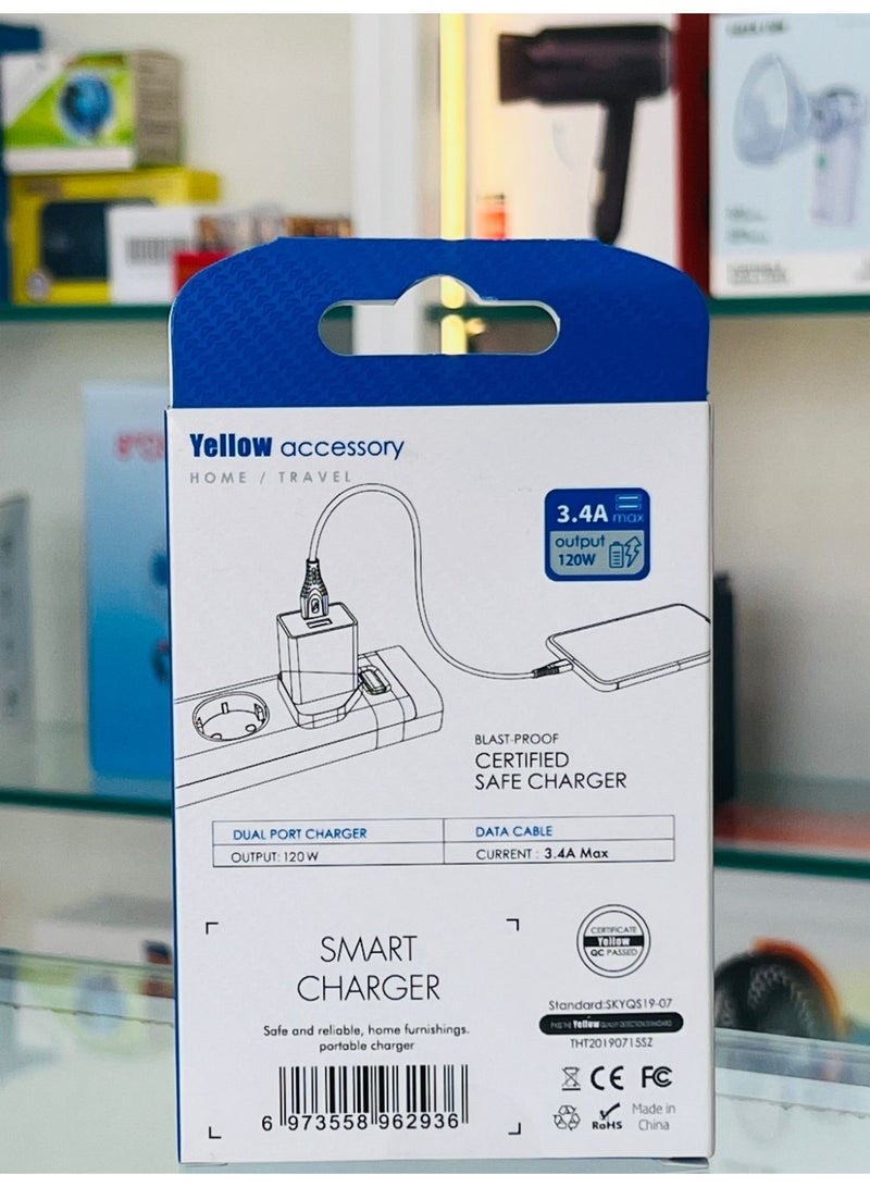 Yellow BO-Y205L 120W Dual Port USB Fast Charger with 1M Lightning Cable - Image 2