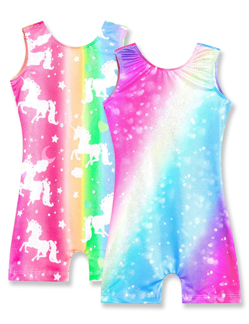 Nymphperi Girls Gymnastics Leotards Size 7-8 Years Old Rainbow Unitard Sparkly 2 Pack Unicorn Star Biketards - Image 1