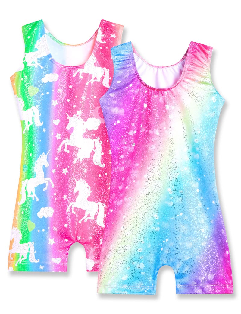 Nymphperi Girls Gymnastics Leotards Size 7-8 Years Old Rainbow Unitard Sparkly 2 Pack Unicorn Star Biketards - Image 2