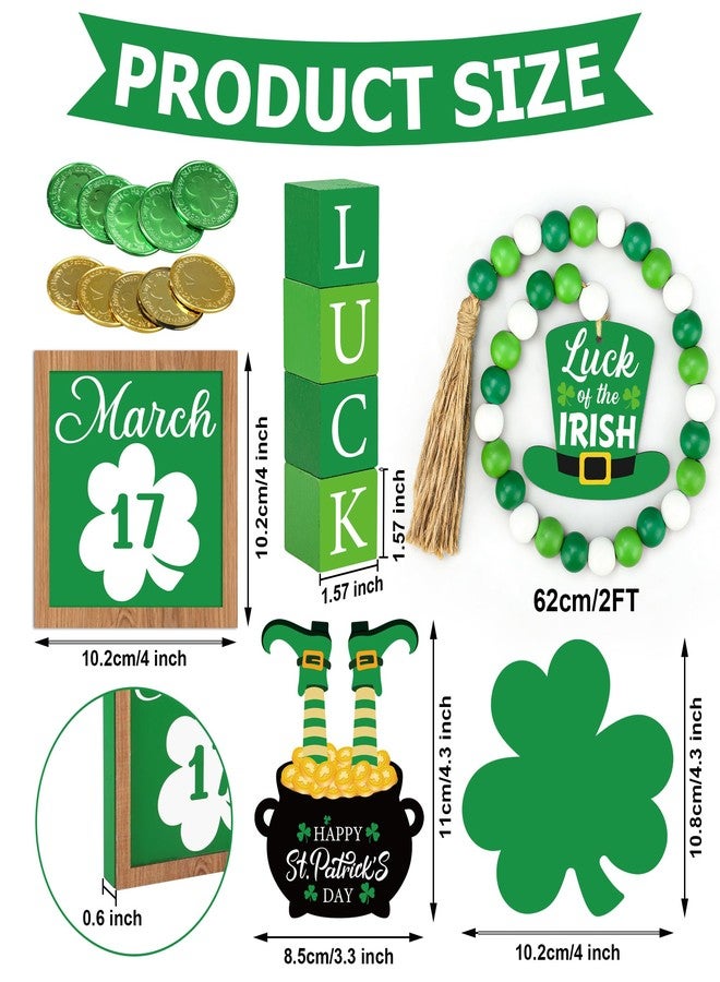Fairooth 18 Pcs St. Patrick's Day Tiered Tray Decor Set Luck Shamrock Wooden Sign Farmhouse Irish Clover Theme Table Centerpiece Bead Garland Green Gold Coins for Party Home Kitchen Office Shelf Tabletop Decor - Image 2