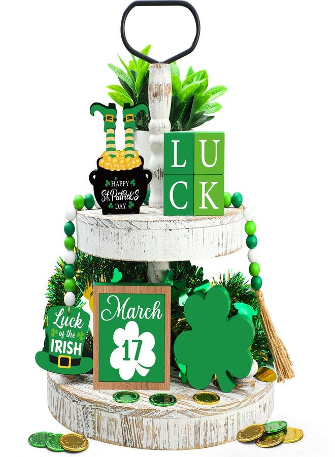 Fairooth 18 Pcs St. Patrick's Day Tiered Tray Decor Set Luck Shamrock Wooden Sign Farmhouse Irish Clover Theme Table Centerpiece Bead Garland Green Gold Coins for Party Home Kitchen Office Shelf Tabletop Decor - Image 1