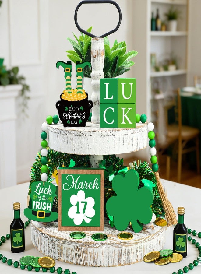 Fairooth 18 Pcs St. Patrick's Day Tiered Tray Decor Set Luck Shamrock Wooden Sign Farmhouse Irish Clover Theme Table Centerpiece Bead Garland Green Gold Coins for Party Home Kitchen Office Shelf Tabletop Decor - Image 5