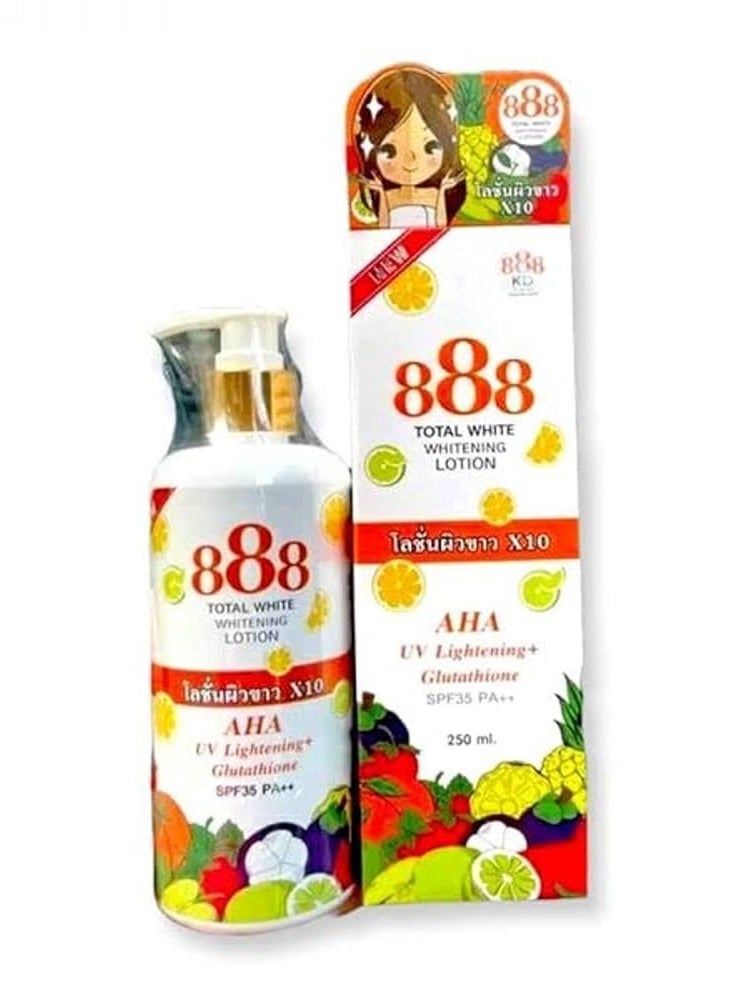 888 توتال وايت لوشن تبييض 10x، تفتيح الأشعة فوق البنفسجية AHA، الجلوتاثيون، وSPF 35 PA++ لبشرة متساوية اللون وخالية من العيوب وأكثر إشراقًا، تغذية عميقة لإشراقة دائمة في زجاجة 250 مل.