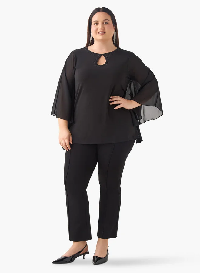 Ulla Popken Plus Size Ulla Popken Embellished Keyhole Neck Top with Cape Sleeves