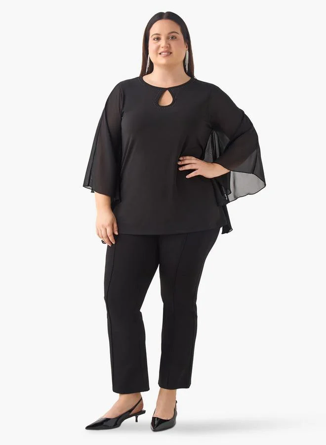 Ulla Popken Plus Size Ulla Popken Embellished Keyhole Neck Top with Cape Sleeves