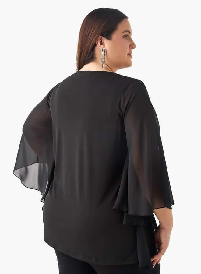 Ulla Popken Plus Size Ulla Popken Embellished Keyhole Neck Top with Cape Sleeves