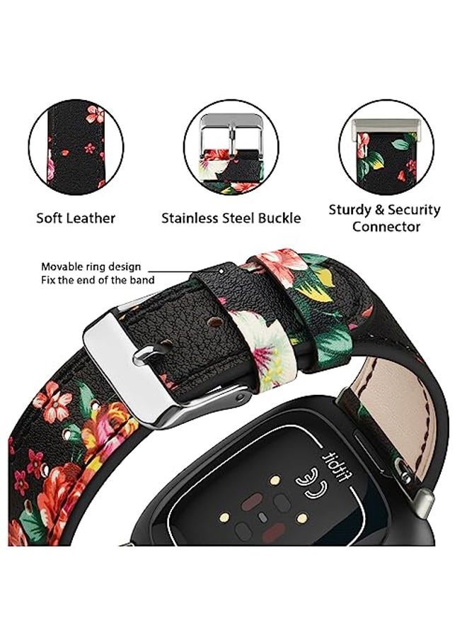Meliya Leather Bands Compatible with Fitbit Versa 4 Bands/Fitbit Versa 3 Bands/Sense 2 Bands/Fitbit Sense Watch Bands for Women Men, Classic Genuine Leather Wristband Straps (Red Flower) - Image 2