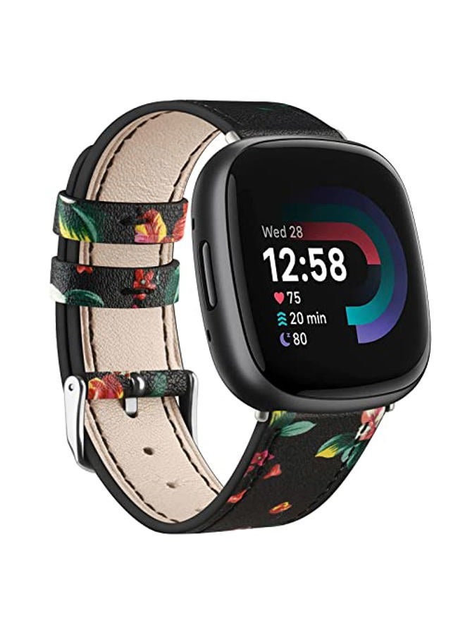 Meliya Leather Bands Compatible with Fitbit Versa 4 Bands/Fitbit Versa 3 Bands/Sense 2 Bands/Fitbit Sense Watch Bands for Women Men, Classic Genuine Leather Wristband Straps (Red Flower) - Image 1