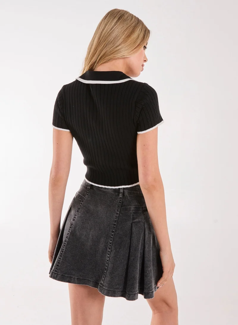 Pink Vanilla Knit Collared Contrast Top