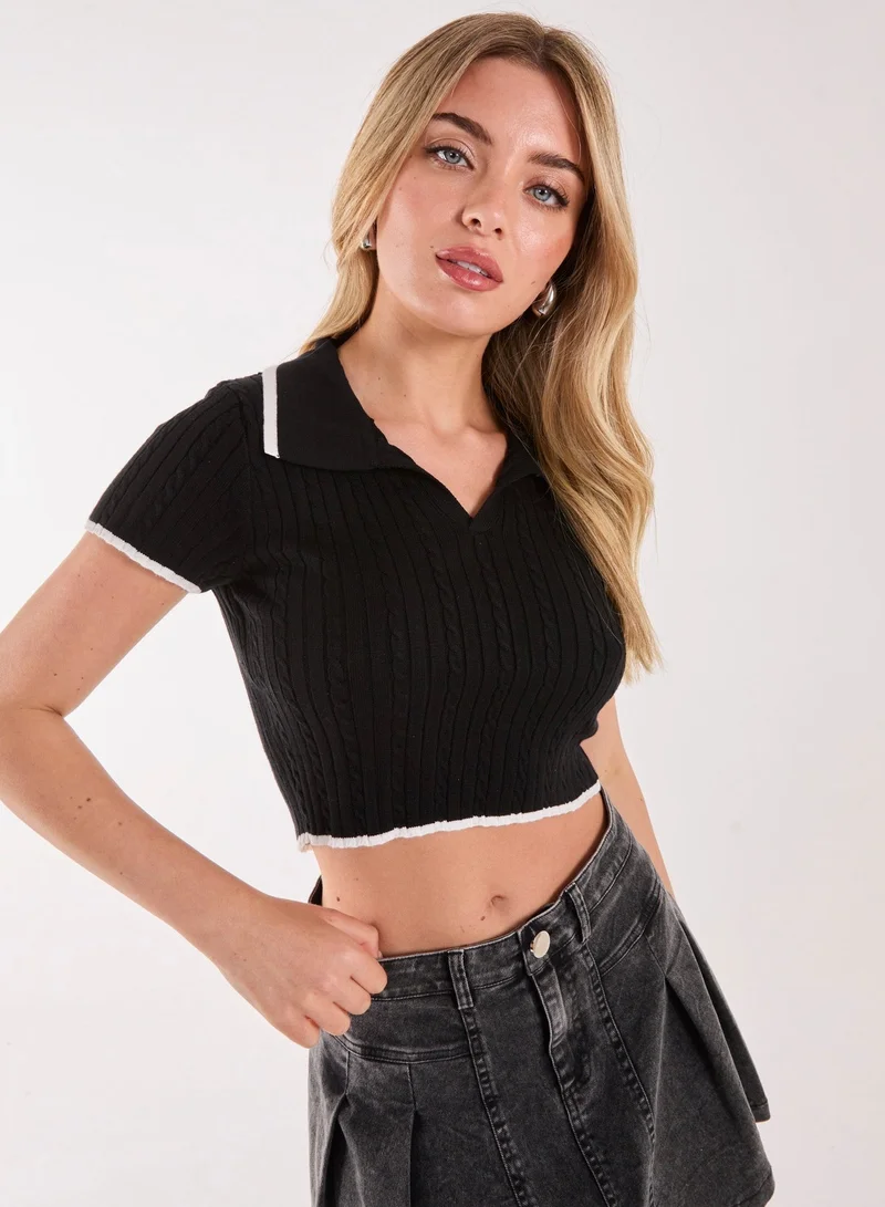 Pink Vanilla Knit Collared Contrast Top