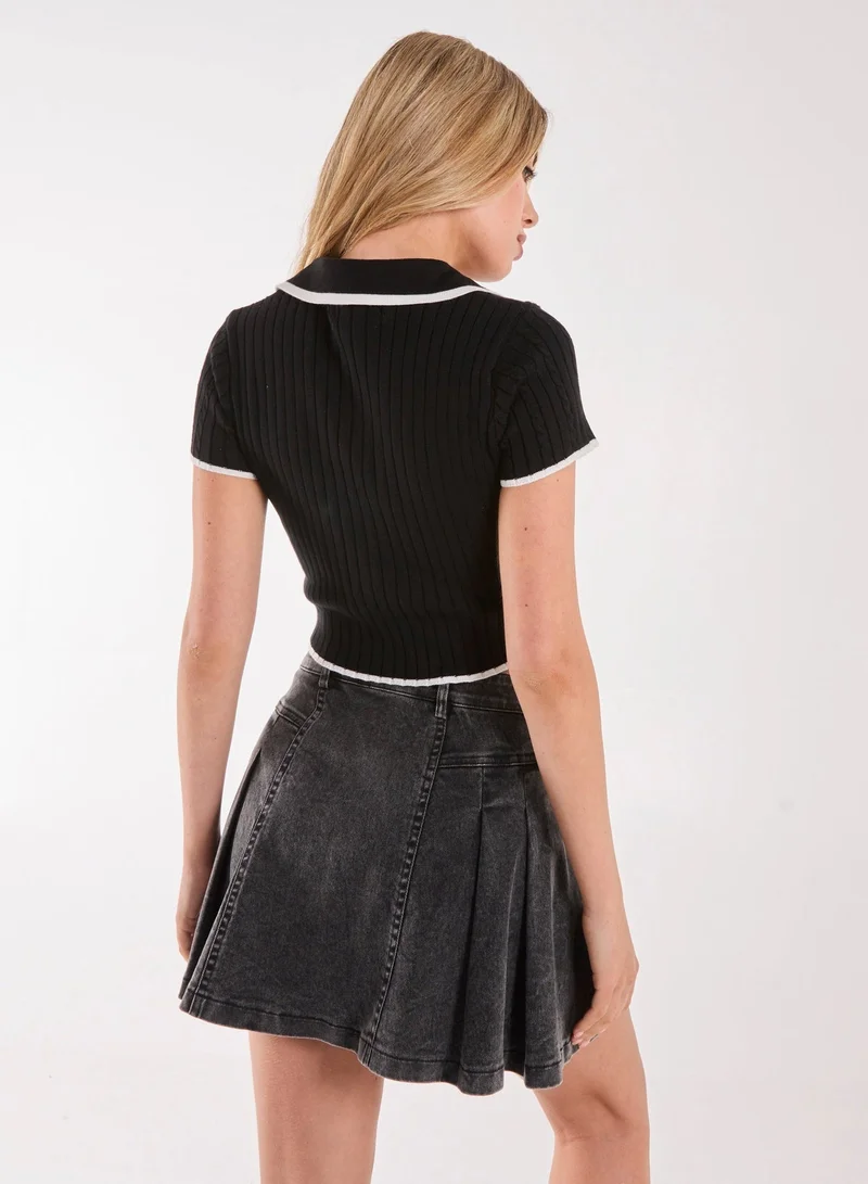 Pink Vanilla Knit Collared Contrast Top