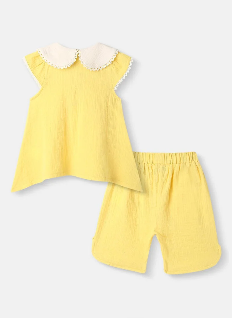 Nautinati Girls’ Cotton Top and Shorts Set|Embroidery Detail | Peter Pan Collar | 0-2 Years