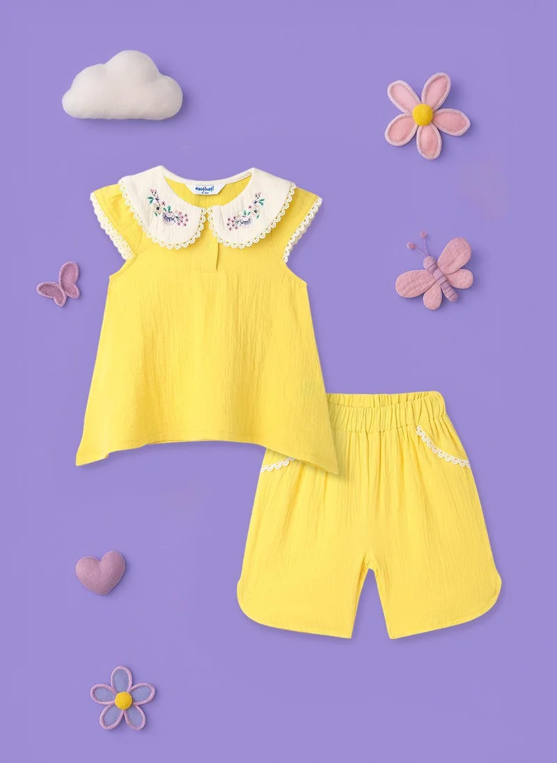 Nautinati Girls’ Cotton Top and Shorts Set|Embroidery Detail | Peter Pan Collar | 0-2 Years