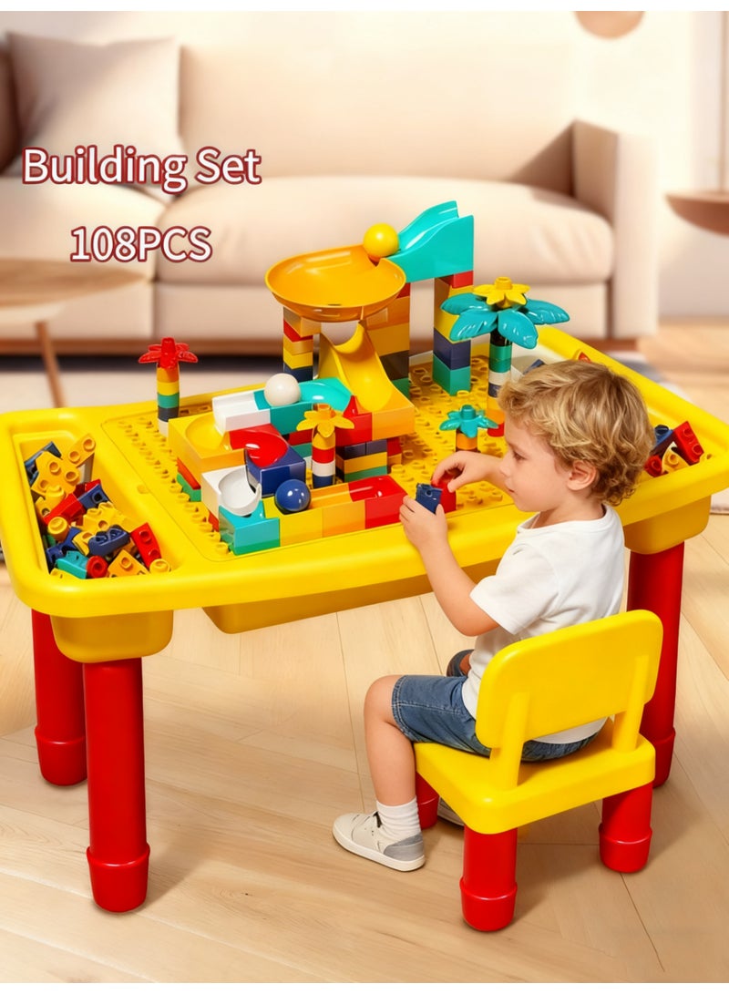 جني ثروة طاولة بناء للأطفال، قابلة للتحويل إلى طاولة تعليمية للأطفال ومجموعة كراسي، طاولة لعب متعددة الوظائف 5 في 1 مع مساحة تخزين، تتضمن كرسيًا واحدًا و 108 قطعة بناء كبيرة متوافقة، مناسبة للأطفال من عمر سنتين فما فوق. - Image 1
