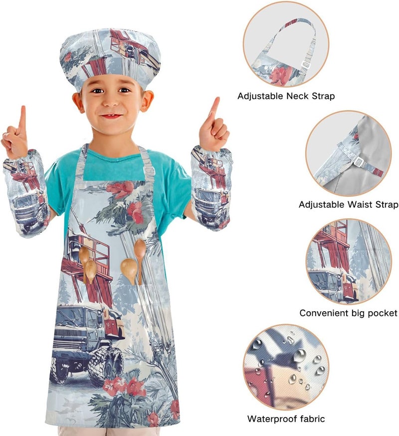 Kids Chef Hat Apron Set Comfy Construction Truck Cartoon Crane Icy Snowy Cooking Kitchen Children Aprons with Pockets - Image 4