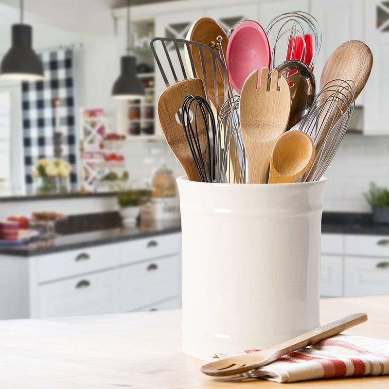 SZUAH Kitchen Utensil Holder  Larger Ceramic Utensil Crock for Kitchen Counter top & Dining Table (Cream  5.9"" x 5.9"" x 6.7"") - Image 4