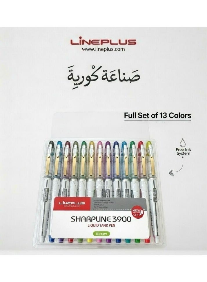 لاين بلس طقم أقلام حبر سائل لاين بلس شارب لاين 3900 - 13 لون متنوع - صناعة كورية أصلية - 0.5 مم كتابة سلسة، ألوان زاهية، وخطوط دقيقة للكتابة والرسم وتدوين اليوميات والملاحظات - تصميم مريح مع حبر سريع الجفاف - Image 1