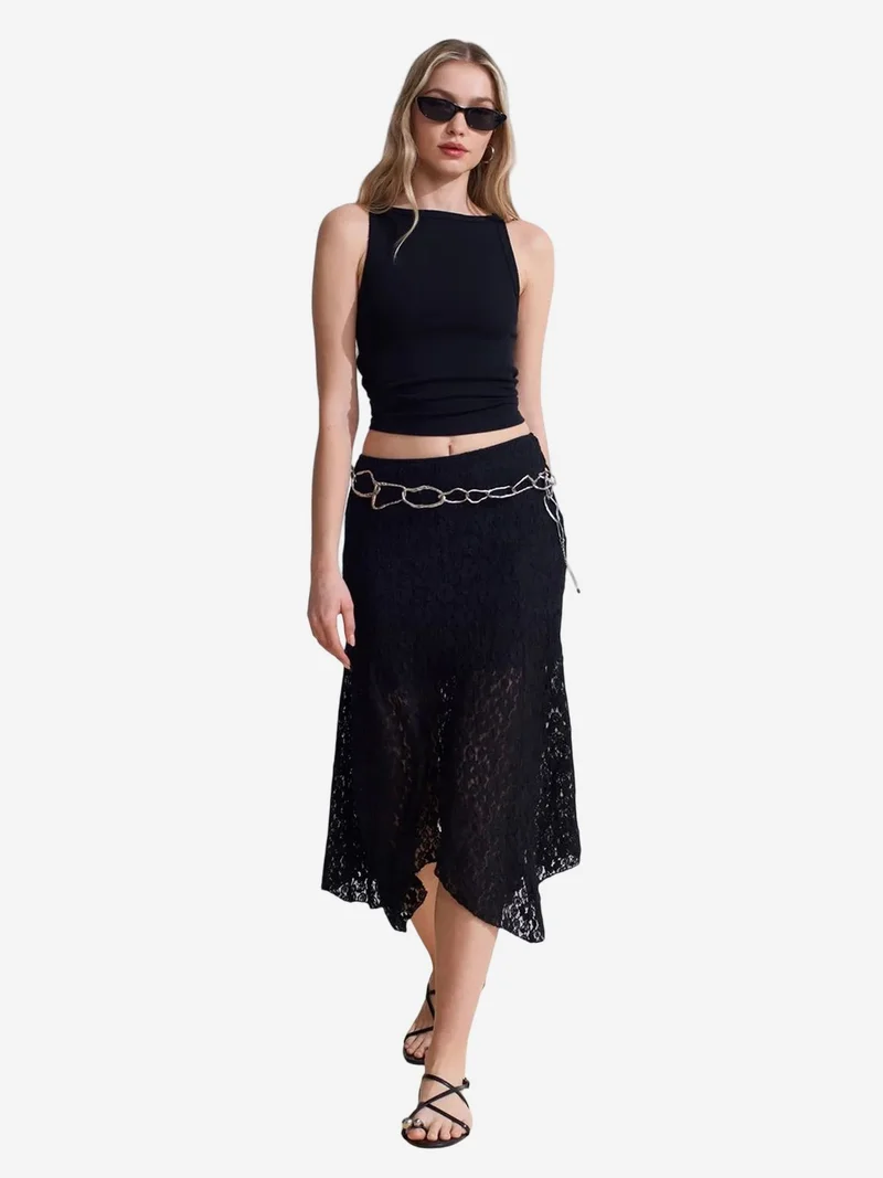 ديلفين DILVIN High-Waist Lace A-Line Midi Skirt