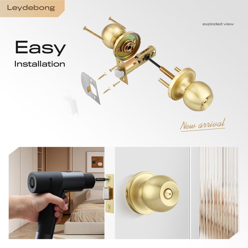 Leydebong 10 Pack Gold Bedroom Door Knobs  Interior Locking Round Ball Knobs With No Keys - Image 5