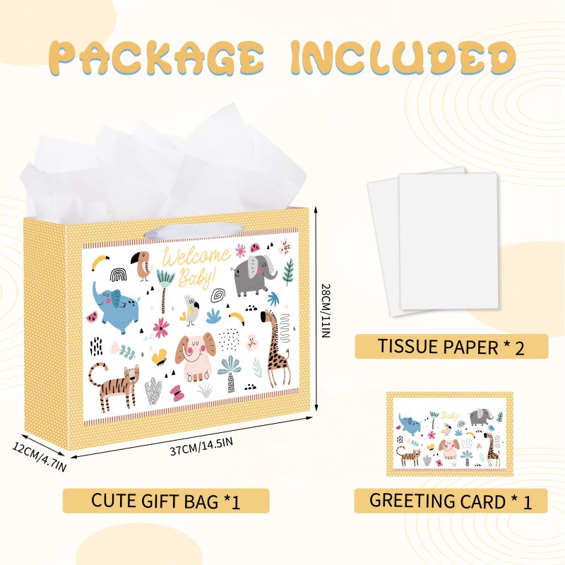 woric 14.5" Baby Gift Bag for Baby Shower with Tissue Paper and Greeting Cards for Boys Girls Birthday Party(Cute Animals) - Image 2
