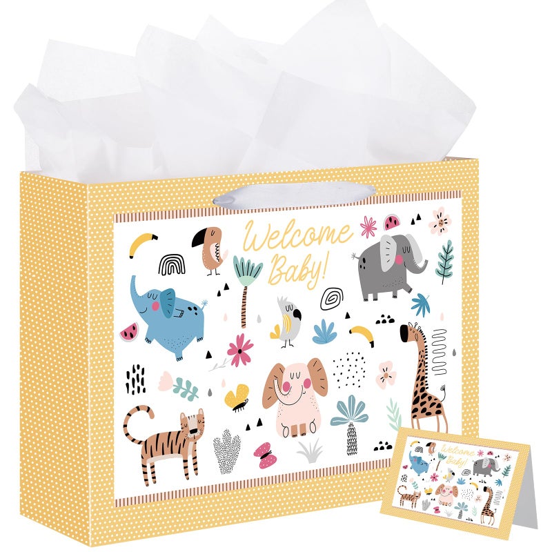 woric 14.5" Baby Gift Bag for Baby Shower with Tissue Paper and Greeting Cards for Boys Girls Birthday Party(Cute Animals) - Image 1