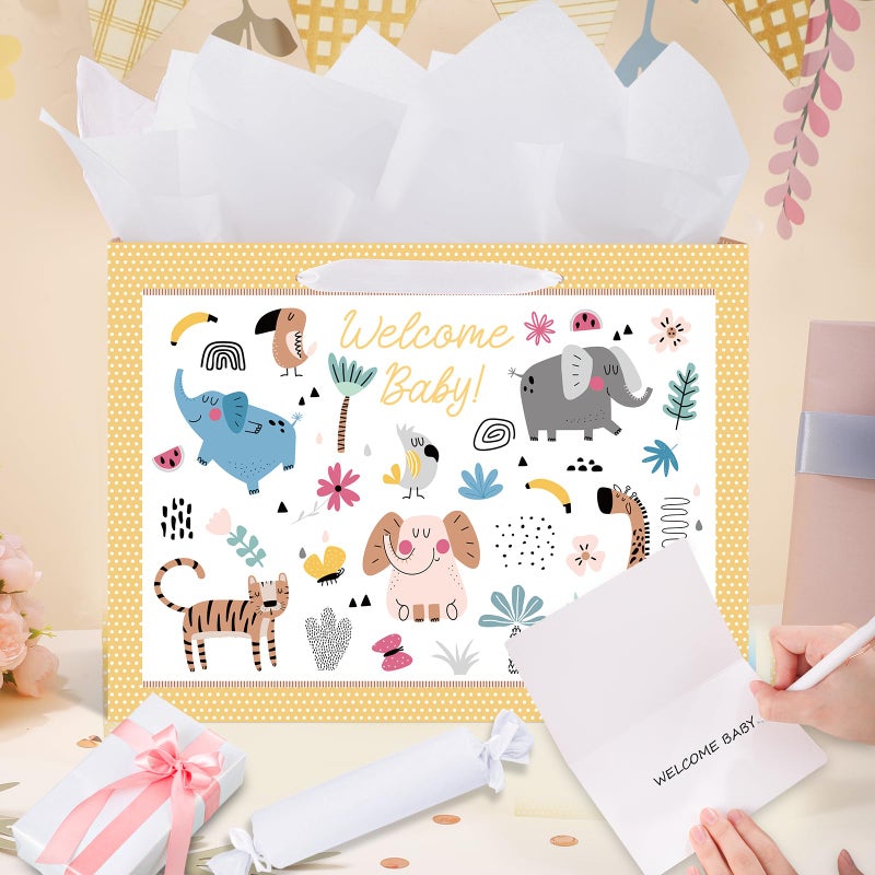 woric 14.5" Baby Gift Bag for Baby Shower with Tissue Paper and Greeting Cards for Boys Girls Birthday Party(Cute Animals) - Image 5